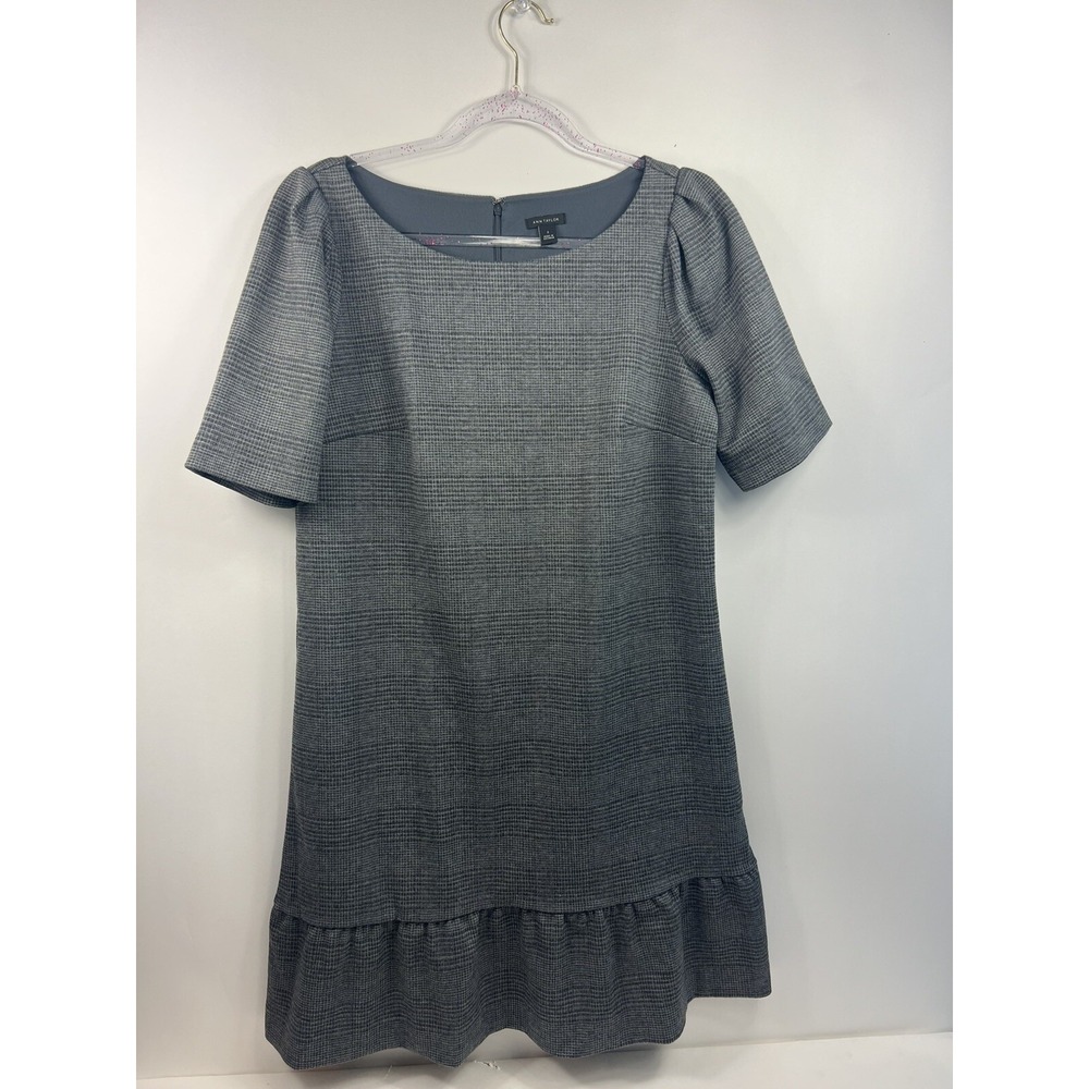 Ann Taylor Dress Women's Sz S Gray Shades Print Lined Ruffle Hem Gathered Sleeve